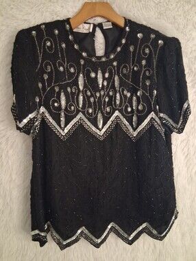 Vintage Black Silk Beaded Blouse Large